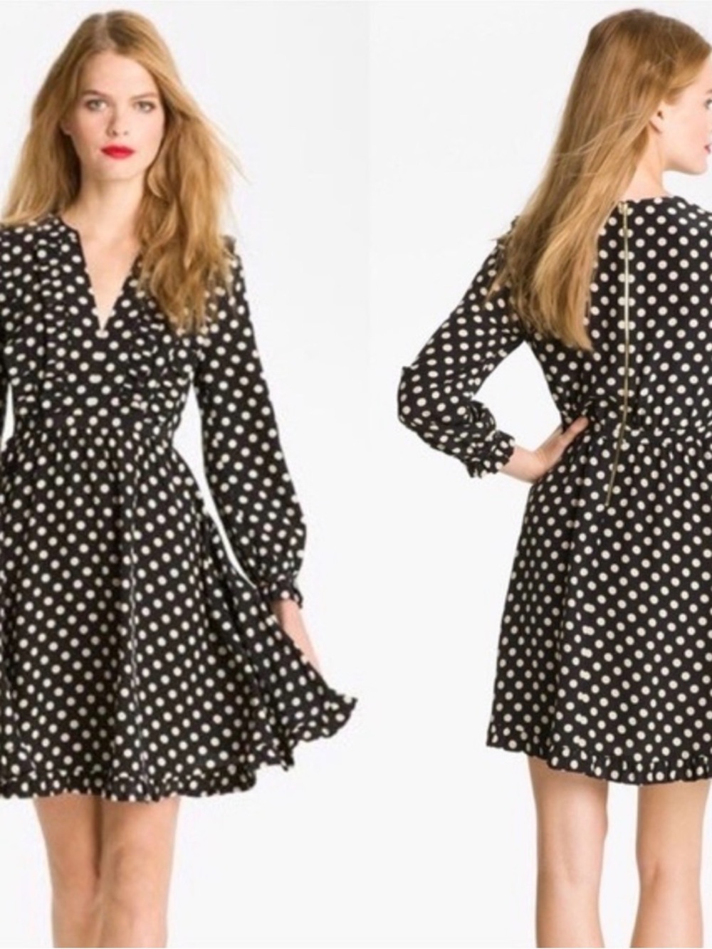 NWT $448 Sz 12 Kate Spade New York 100% Silk Black Cream Dots Adele Dress